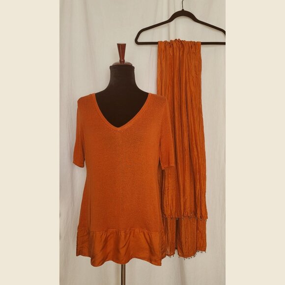 Soft Surroundings Rust Burnt Orange Knit Top W Silk Trim & Silk Scarf Womens PL - Picture 1 of 8